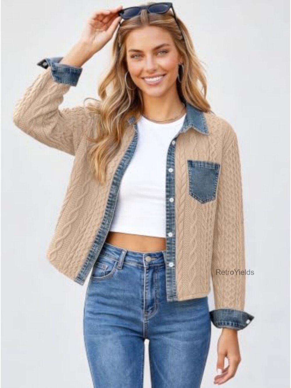 Cropped Denim Patchwork Collared Bomber Jacket Button Up Long Sleeve Shacket - Picture 2 of 6